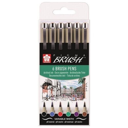 фото Набор капиллярных ручек sakura pigma brush, 6 цветов (poxsdkbr6)