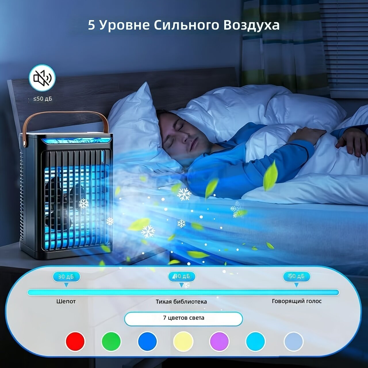 Портативный мини-вентилятор 5-в-1 с функцией охлаждения и увлажнения, персональный кондиционер, 3 скорости вращения, поворотный механизм, таймер, 7 светодиодов, для дома и офиса, черный