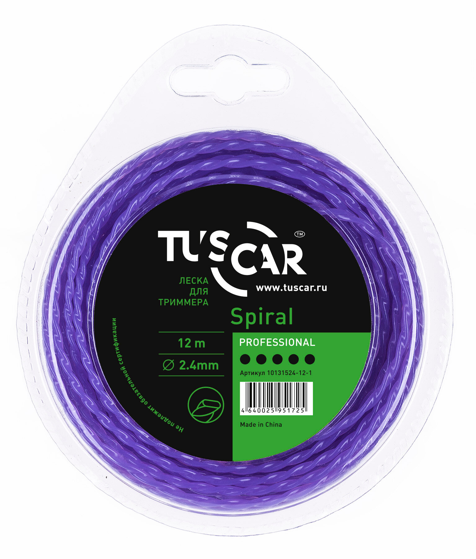 Леска для триммера TUSCAR Spiral Professional, 2.40мм* 12м