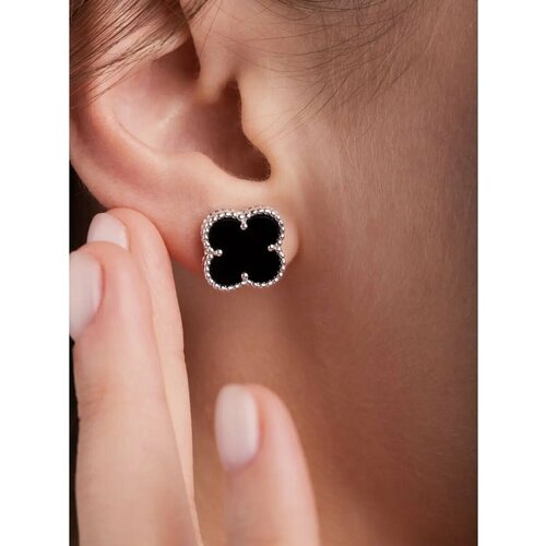 Серьги пусеты серебро, 925 проба, родирование, агат, , черный