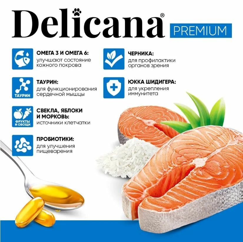 DELICANA (Деликана) Корм сухой для стерилизованных кошек/кастрированных котов, с лососем, 1,5 кг — фото 1