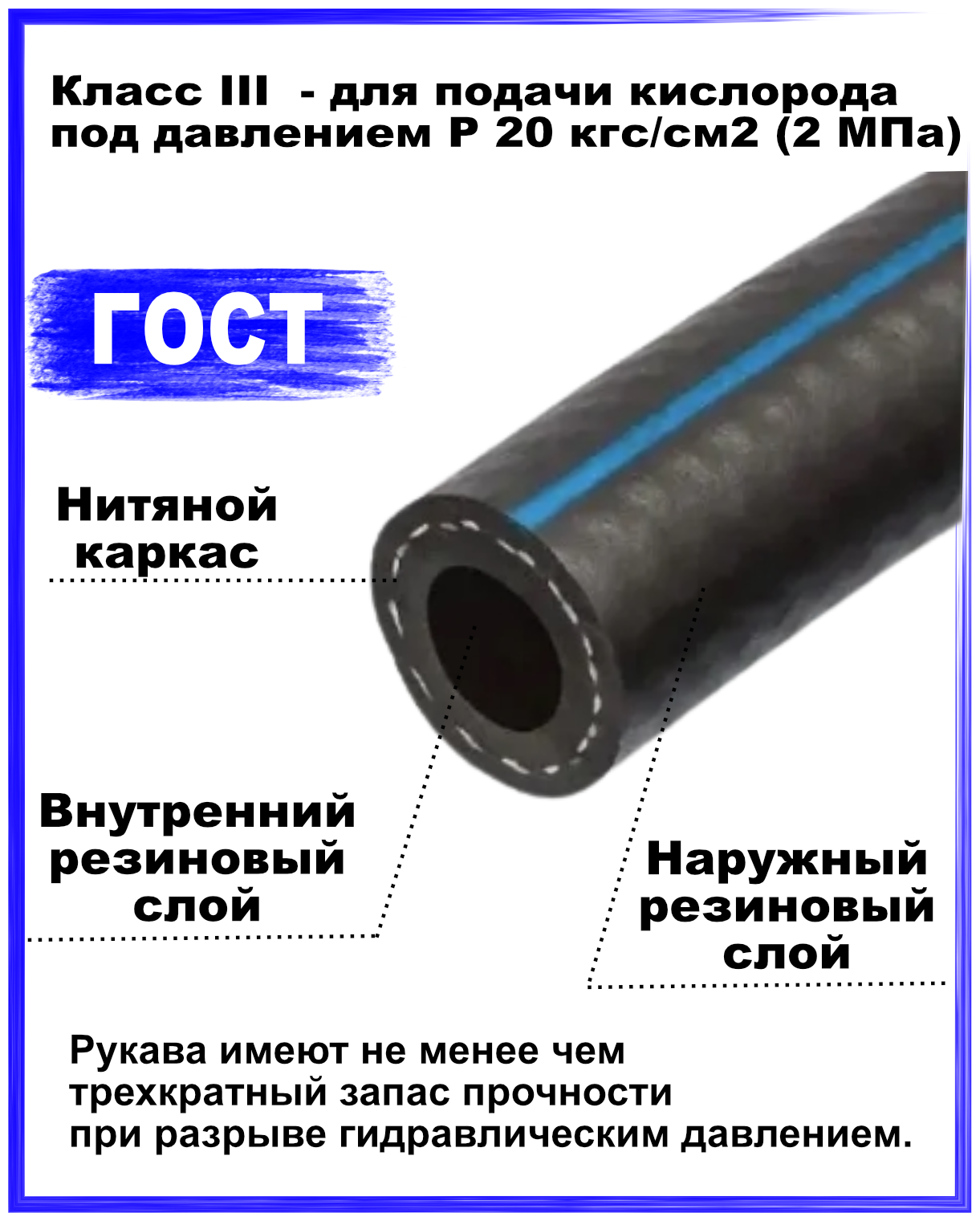 Шланг/рукав кислородный 12 кислород (III класс-12-20 МПа)5 метров для газовых баллонов