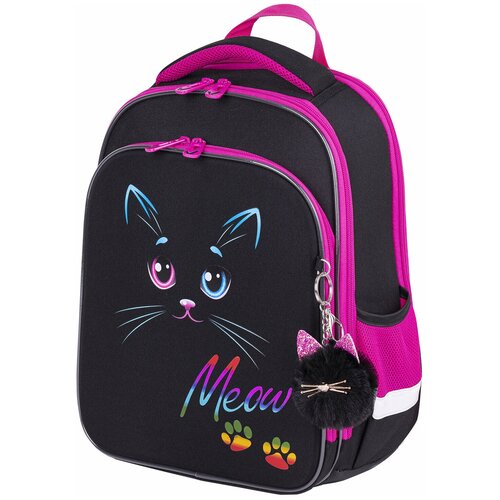 Ранец / рюкзак / портфель школьный для девочки первоклассницы Brauberg Quadro, 3 отделения, с брелком, Black cat, 37х28х18 см, 271358