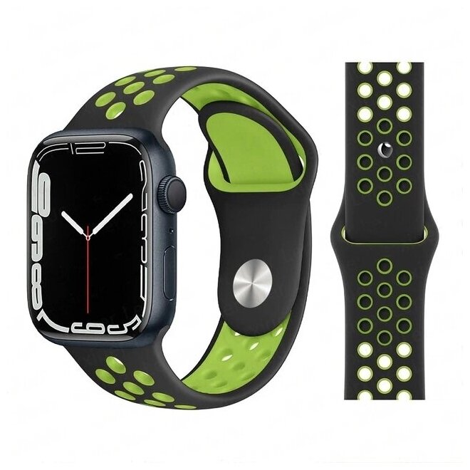 Ремешок силиконовый перфорированный Sport NK для Apple Watch 42/44/45/49 мм, на кнопке, черный+зеленый (10)