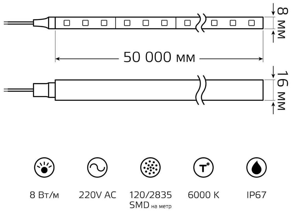 Гибкий неон Gauss 8W/m 120LED/m 2835SMD холодный белый 50M - фото №2