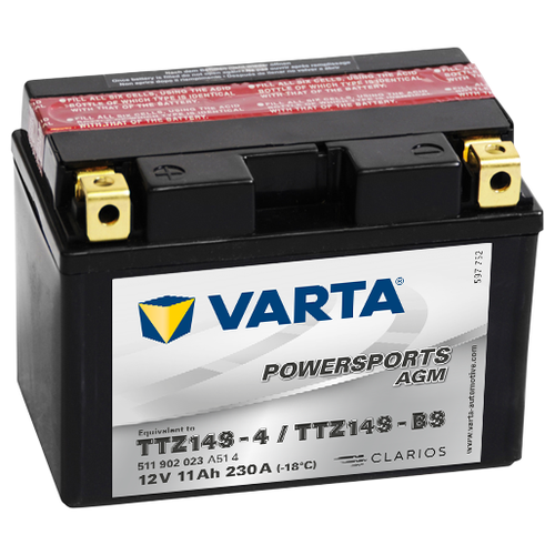 Аккумулятор для мотоцикла и скутера VARTA POWERSPORTS AGM 11 А/ч 230 А прям. пол. с/зар. с эл. YTZ14S-4, YTZ14S-BS (150х87х110) 511902