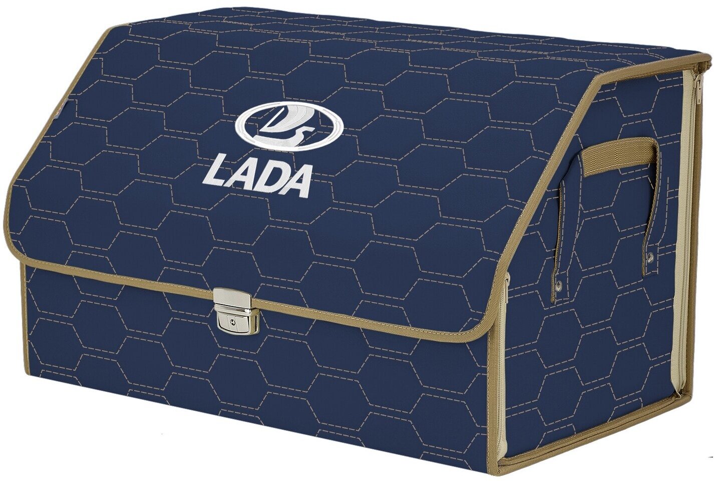 Органайзер-саквояж в багажник "Союз Премиум" (размер XL). Цвет: синий с бежевой прострочкой Соты и вышивкой LADA (лада).