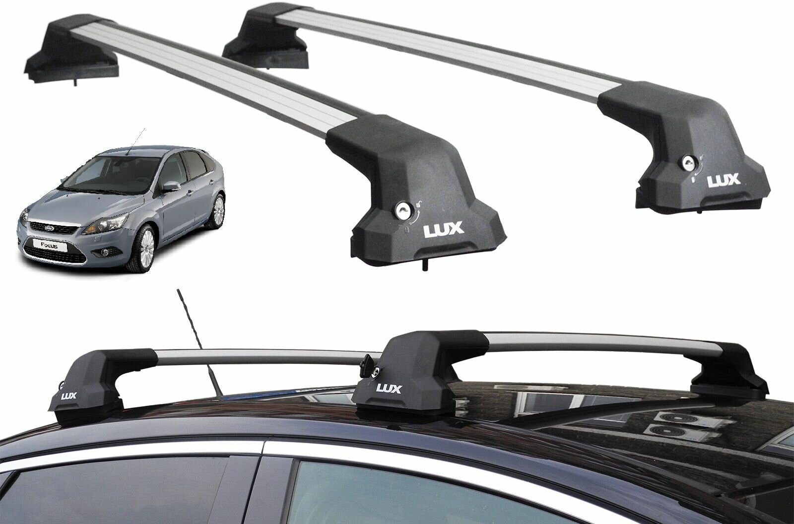 Багажник на крышу Форд Фокус 2 хэтчбек 2005-2011 (Ford Focus 2 hatchback 2005-2011) Lux City серебристые дуги