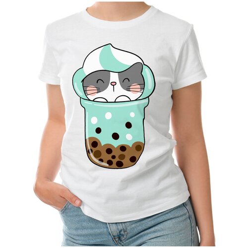 Женская футболка «Котик в стакане мороженого» (L, темно-синий)