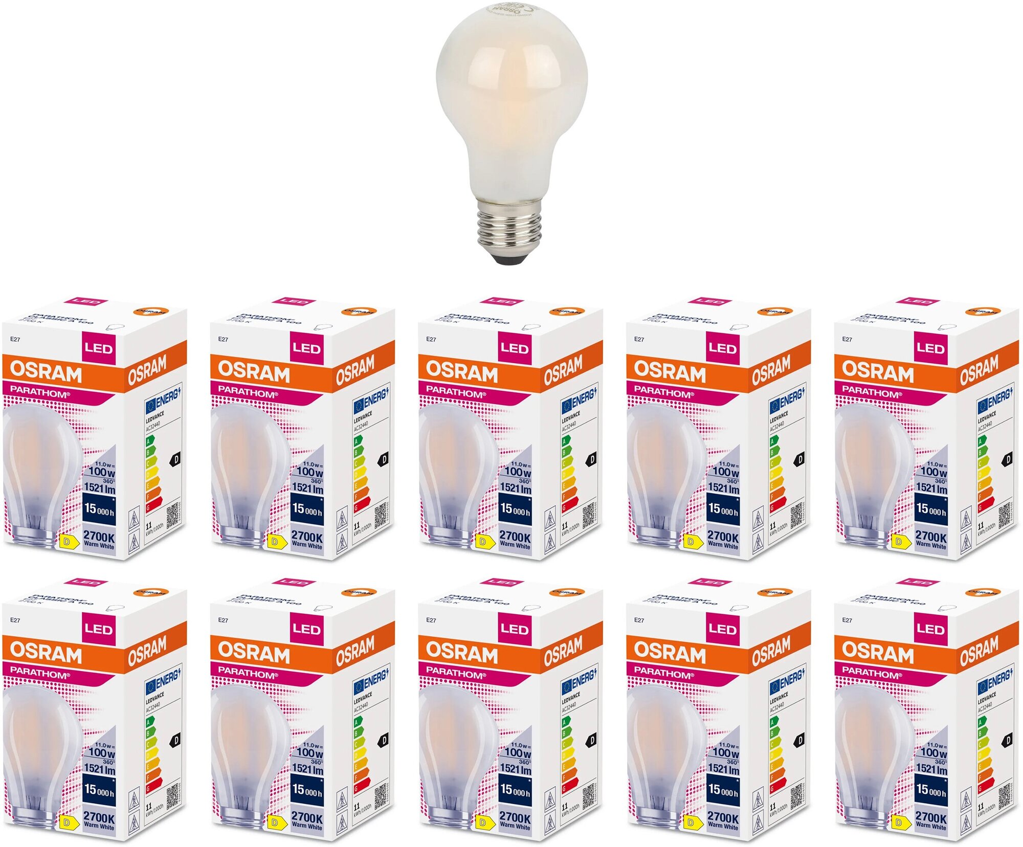 Лампочка светодиодная OSRAM Груша прозрачная 11W=100W 220V E27 PARATHOM 1521Лм Филаментная 2700K, упаковка 10шт