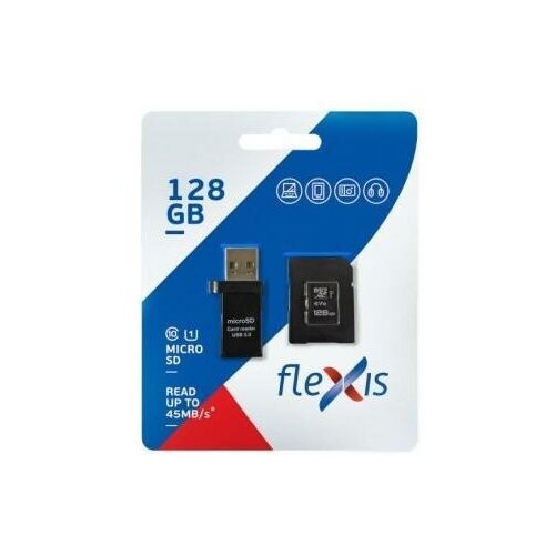 Flexis Карта памяти microSDXC 128GB Cl10 U1, c адаптером и USB картридером, Flexis