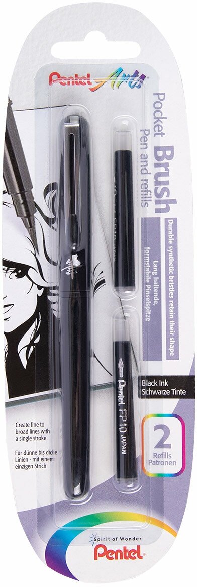 Ручка-кисть "Pentel" Brush Pen для каллиграфии, 2 картриджа 25.5 г XGFKP/FP10 черные пигментные чернила
