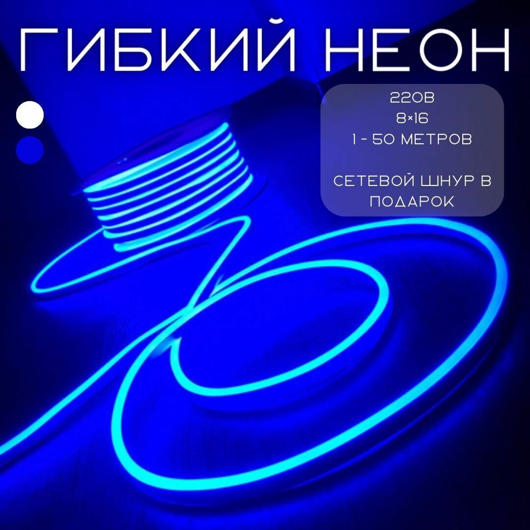 Гибкая светодиодная лента гибкий неон flex neon синий 220В 5 метров + блок питания - фотография № 1