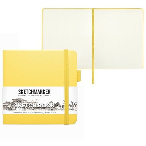 Скетчбук Sketchmarker, 120 х 120 мм, 80 листов, твёрдая обложка из искусственной кожи, лимонный, блок 140 г/м2
