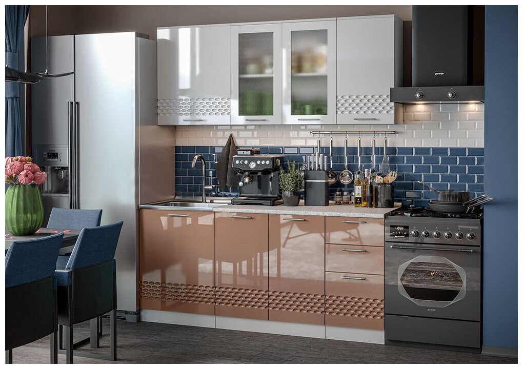 фото Кухонный гарнитур Миф Волна 1.7 м белый глянец / капучино 170хх см