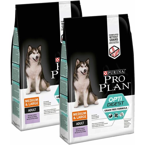 PRO PLAN ADULT DOG OPTIDIGEST GF MEDIUM & LARGE беззерновой для собак средних и крупных пород с чувствительным пищеварением с индейкой (7 + 7 кг)