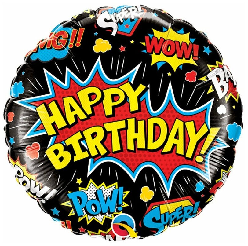 Воздушный шар фольгированный Riota круглый, на 14 февраля, Граффити, С Днем рождения/Happy Birthday, черный, 46 см