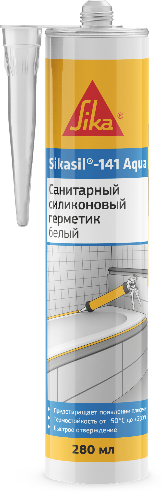 Силиконовый противогрибковый клей-герметик для кухни, ванной и душевой комнаты Sikasil - 141 Aqua, 280 мл цвет Белый