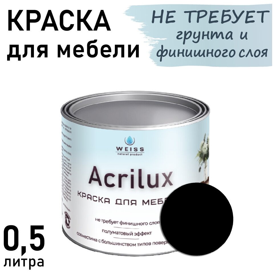 Краска Acrilux для мебели 0,5л RAL 9005, для кухонных фасадов, для декора, для творчества, моющаяся. без запаха