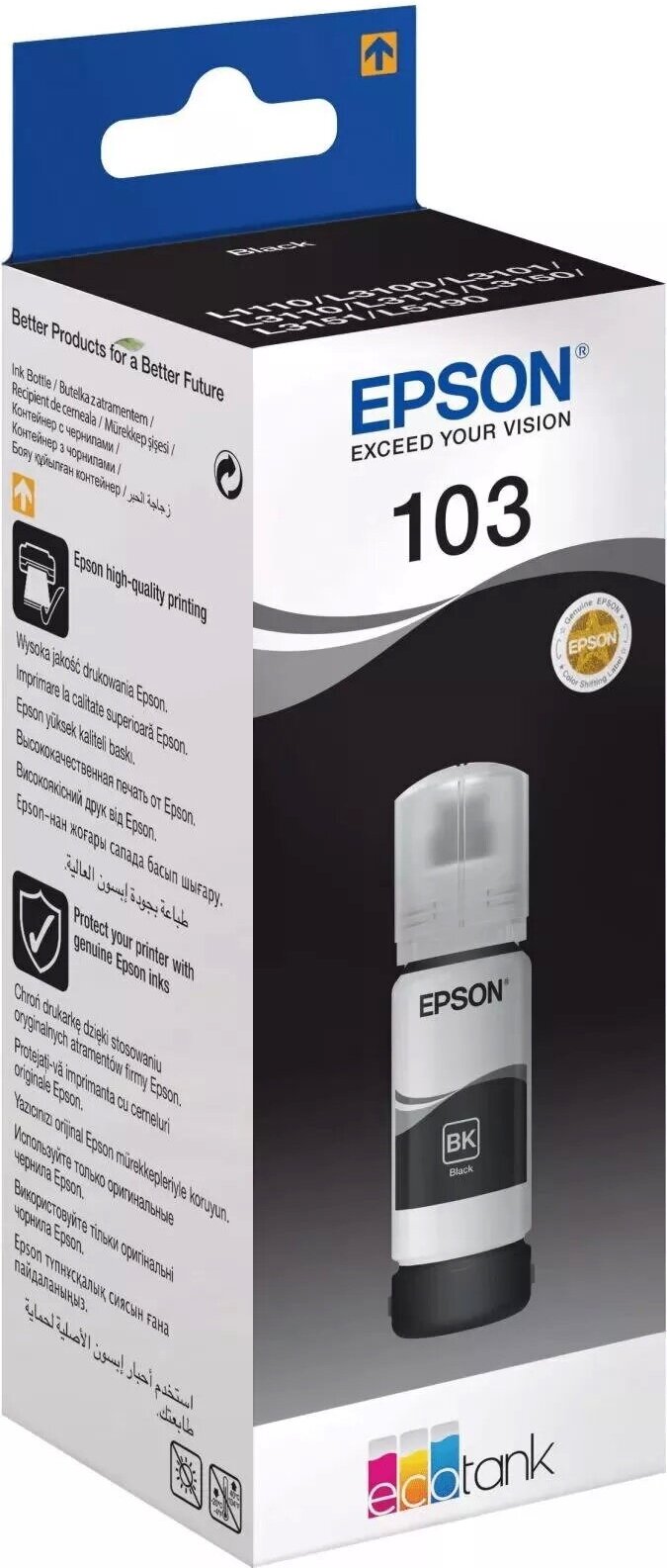 T00S14A Контейнер с черными чернилами EPSON 103 EcoTank для L1110/ L3100/ L3101/ L3110/ L3150/ L3151/ L3156/ L3160/ L3260/ L3266/ L5190/ L5290