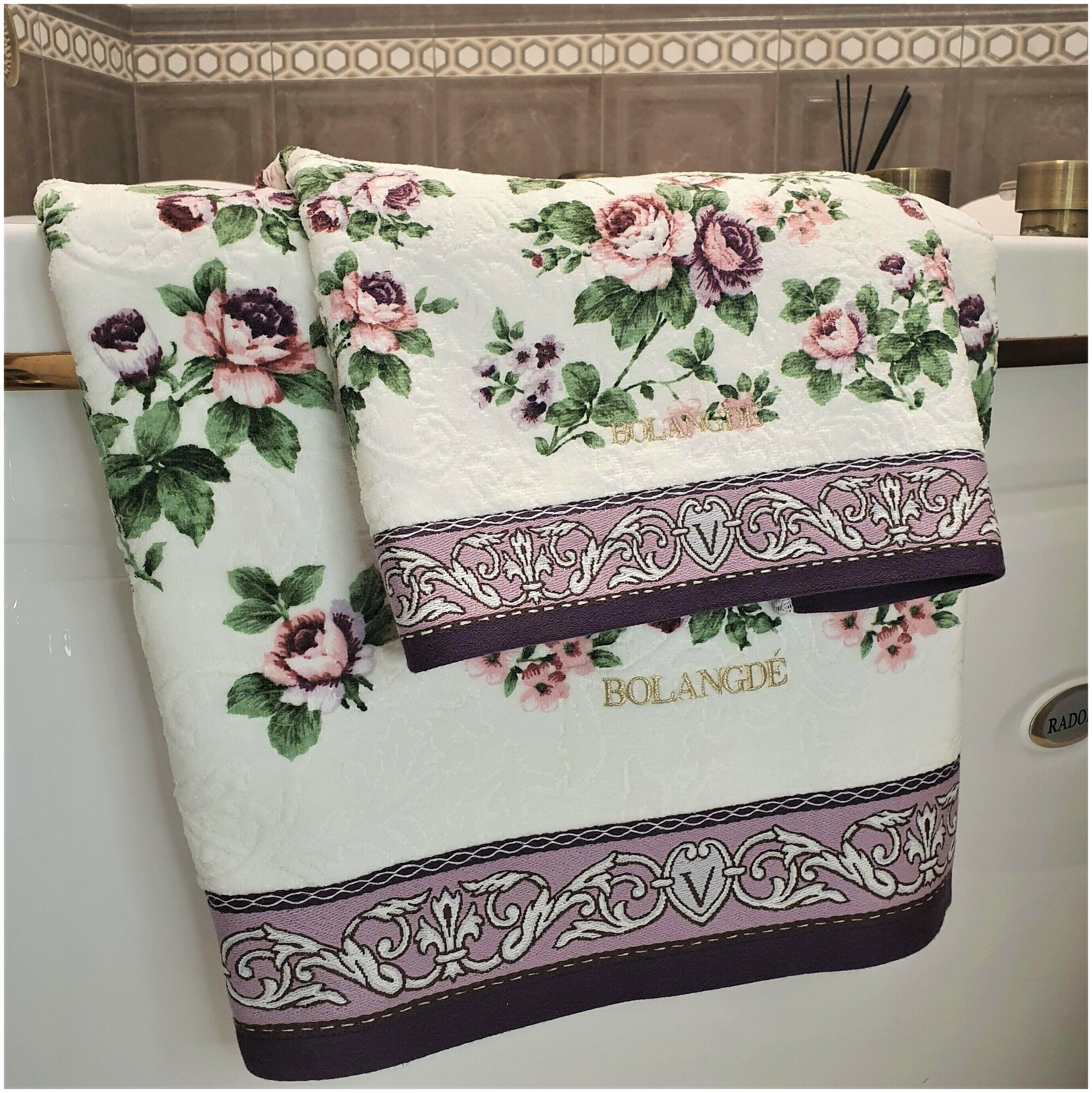 Полотенце банное, полотенце для ванной, махровое полотенце, чайная роза, фиолетовый, 70x140 см - фотография № 16