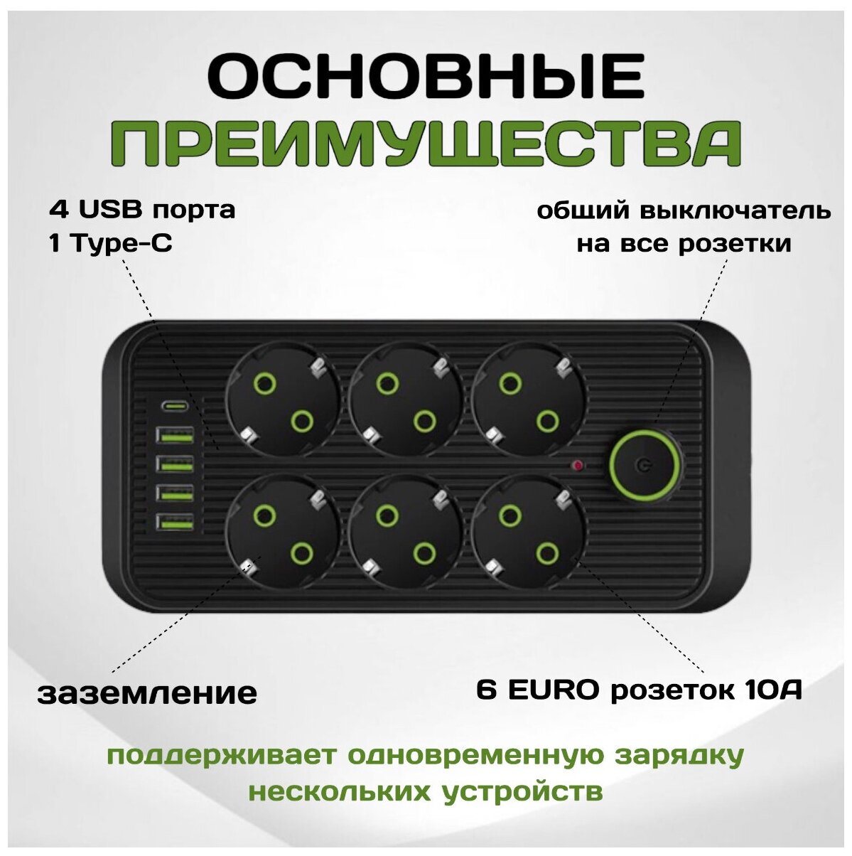 Сетевой фильтр Rapture-1075, 6 евро-розеток, 1x Type-C + 4x USB, 2.0M, черный — фото 1