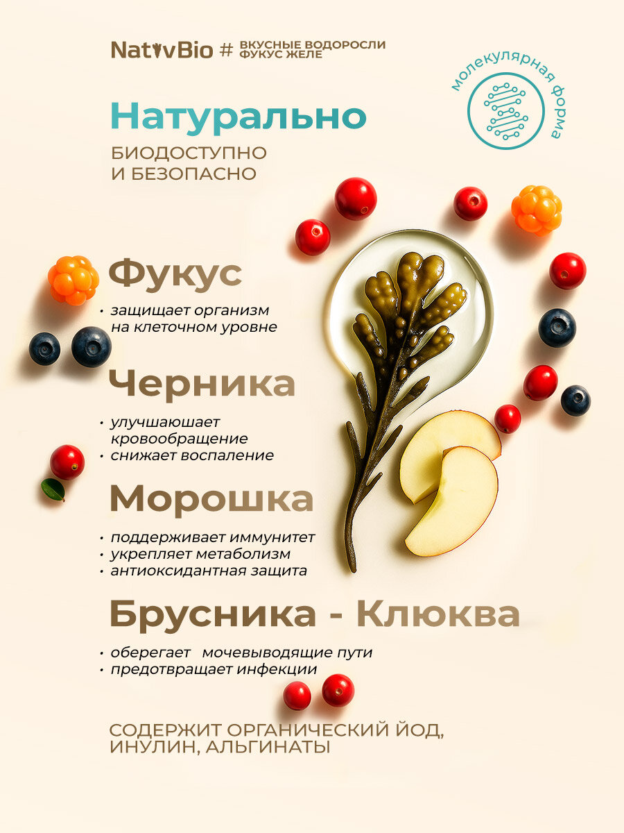 Вкусные водоросли с ягодами | улучшают пищеварение | молекулярная форма 4х300 гр | NativBio — фото 1