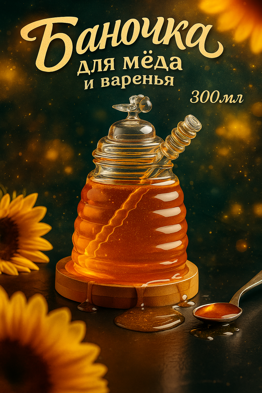 Баночка стеклянная для мёда и варенья с ложкой BellaTenero «Эко. Пчёлка» 300 мл 10×125 см