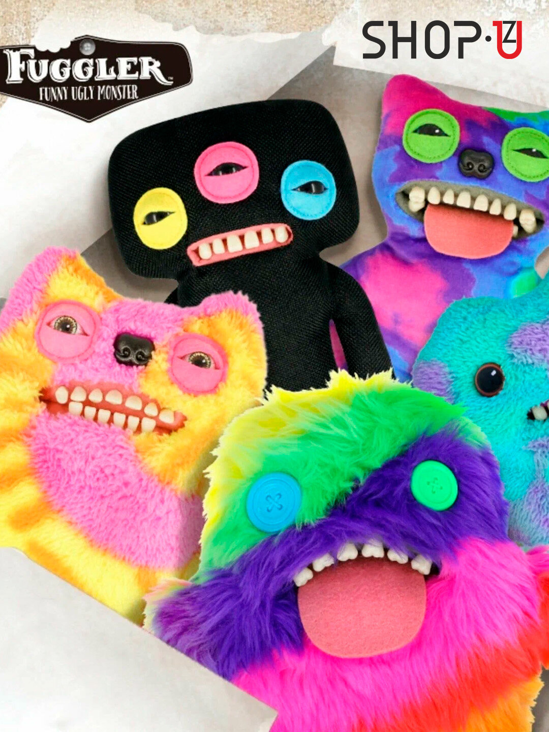 Мягкая плюшевая игрушка Фугглер Fuggler Funny Ugly Monster, Зубастик, цвета случайном в порядке могут попасть