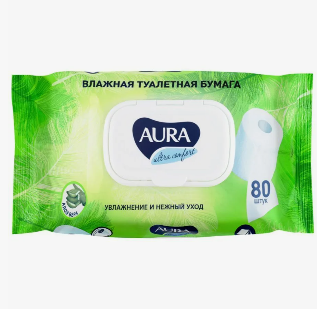 Влажная туалетная бумага Aura Comfort 80 лист увлажнение и нежный уход голубой/зеленый с алоэ