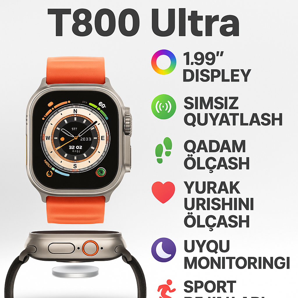 Умные часы T800 Ultra — дисплей 1,99 дюйма, беспроводная зарядка, функции для спорта и здоровья