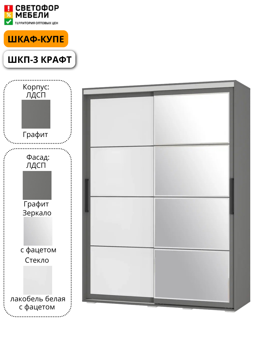Шкаф-купе Мебельный Рай ШКП-3 Крафт, Графит, раздвижные дверцы со стеклом и зеркалом, графит, 1602х2176х594 — фото 1