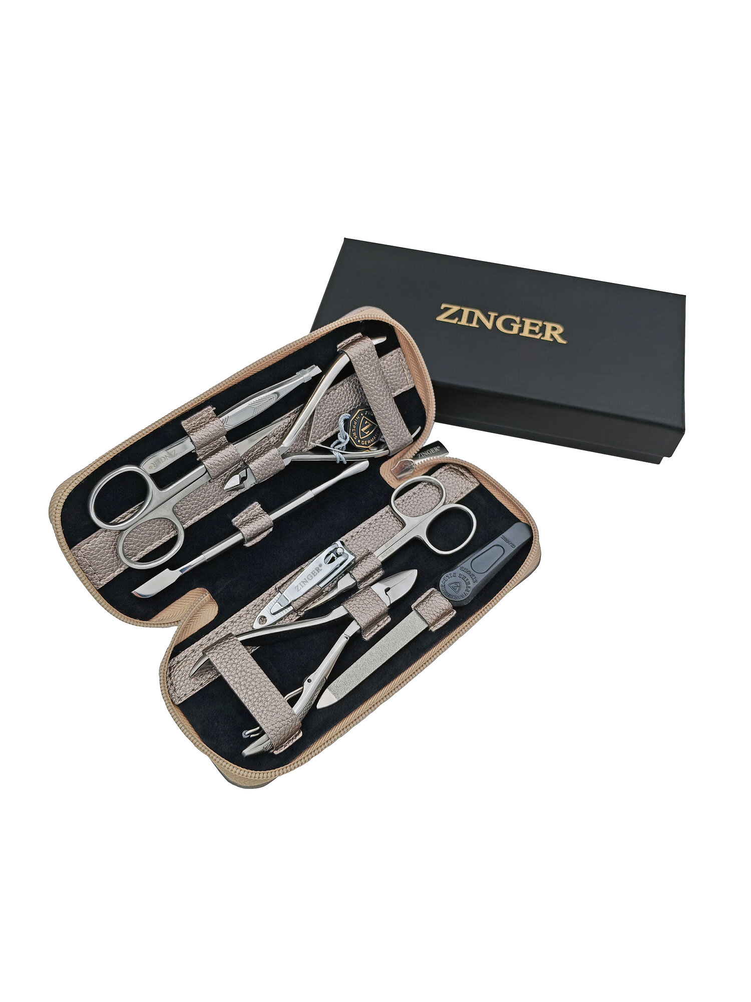 Маникюрный набор Zinger 7106, 8 предметов, медицинская сталь, серебристый/светлый шампань