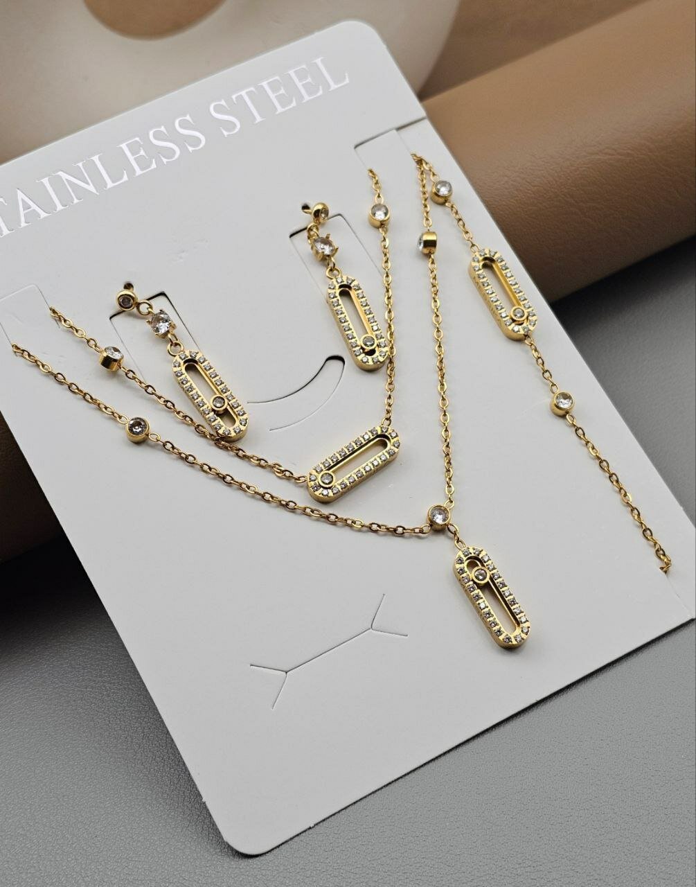 Комплект бижутерии Stainless steel: колье, серьги, браслет, Swarovski Zirconia, золотистый