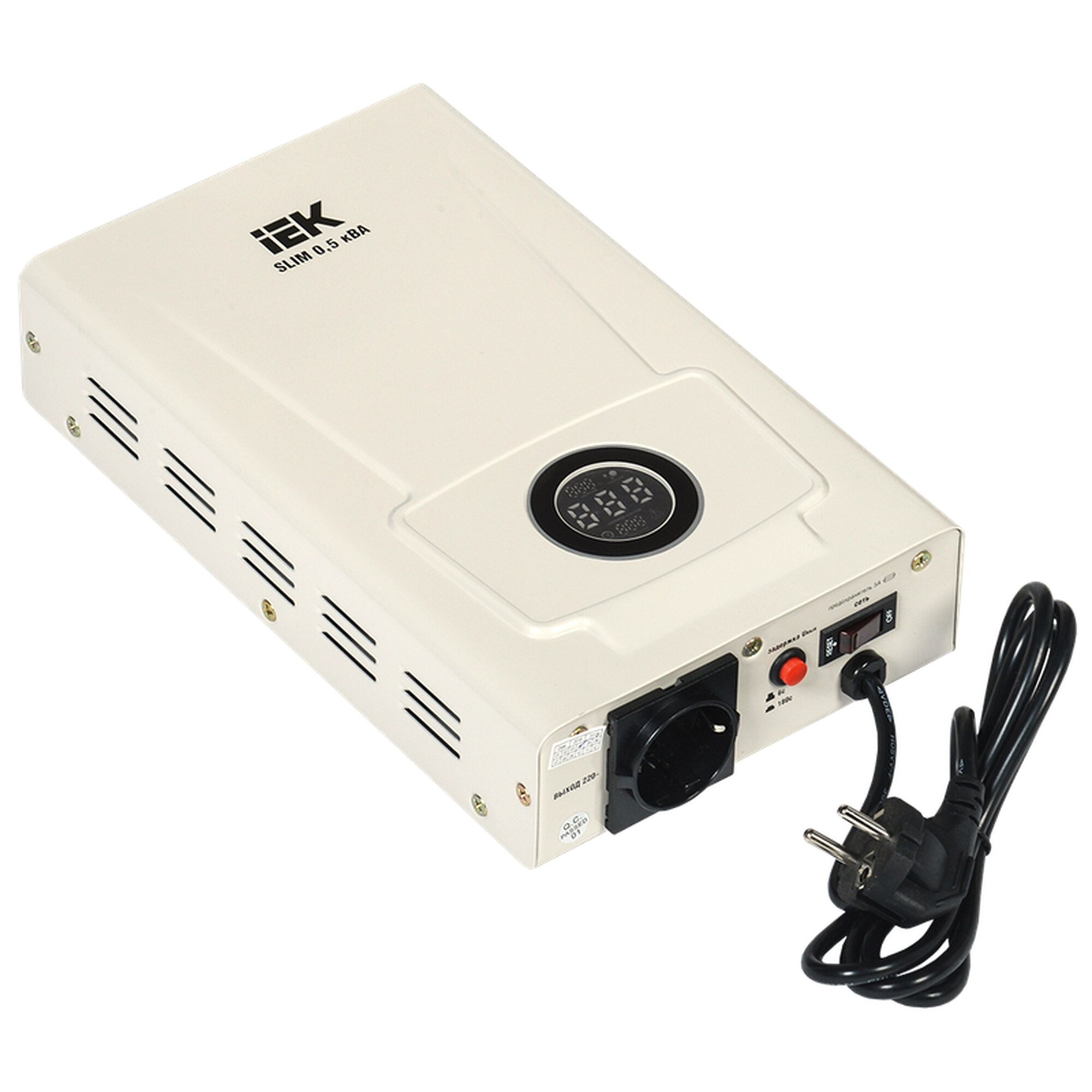 Стабилизатор напряжения IEK SLIM 05кВА релейный настенный 500ВА 220В IP20 защита от перегрева белый