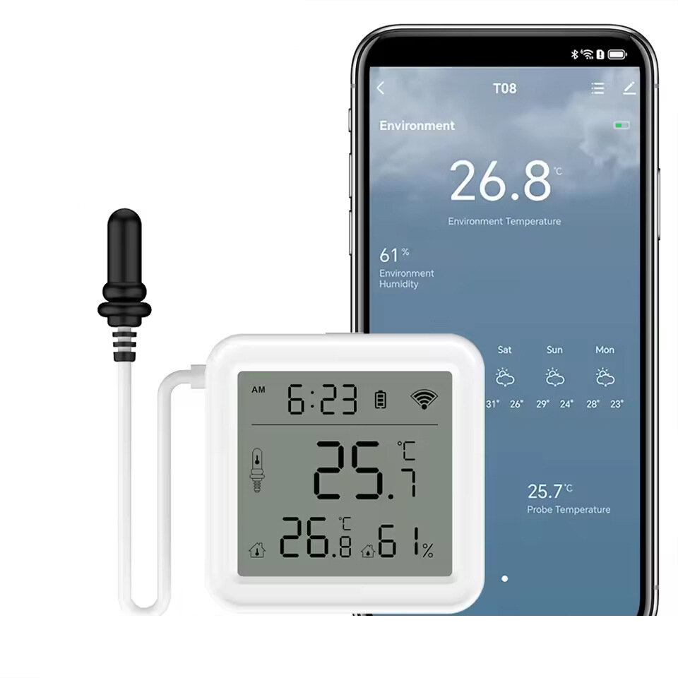 Датчик температуры и влажности Tuya WiFi с жк экраном  беспроводной с внешним зондом.