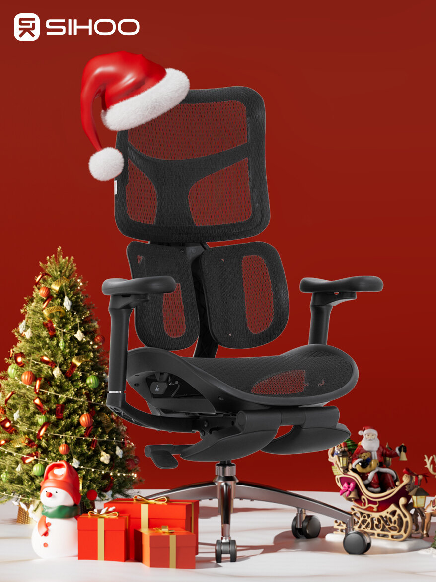 Кресло компьютерное с подножкой SIHOO Doro S100 (разделенный поясничный упор, сетка, черный)