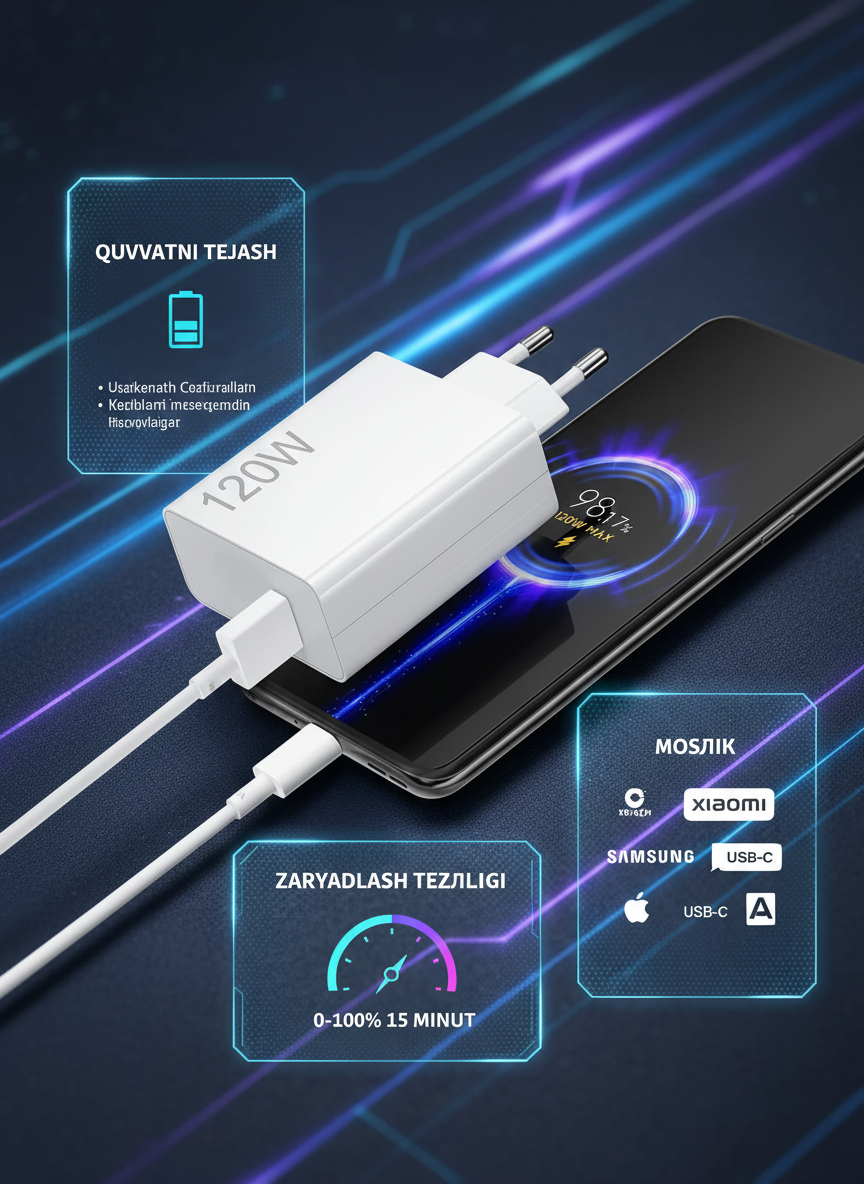 Xiaomi Power Adapter 120W USB‑C Data Cable Оригинал, быстрая зарядка, комплект для смартфонов и ноутбуков Turbo charge
