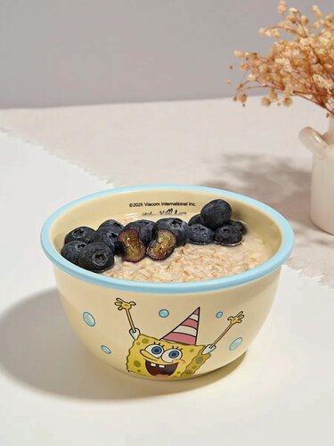 Изображение товара Тарелка Тепло в руках "Спанч Боб", керамическая, 300мл, желтая с голубой окантовкой