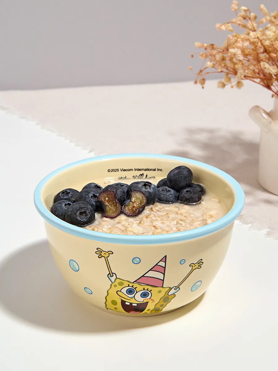 Тарелка Тепло в руках "Спанч Боб", керамическая, 300мл, желтая с голубой окантовкой