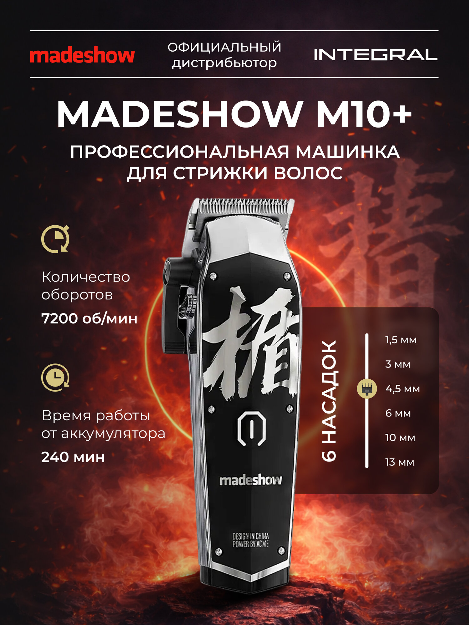 Машинка для стрижки Madeshow М10+, черно-титановая, 13мм, 7Вт, 6насадок