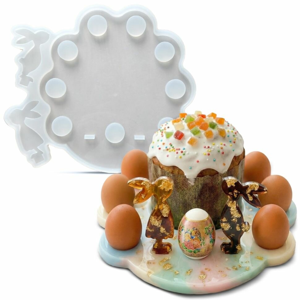 Силиконовый молд для смолы Подставка под кулич с яйцами Кролики, 30х26см EPOXYMASTER