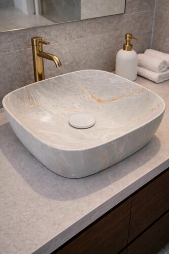 Изображение товара Раковина накладная для тумбы в ванную 37x37 Квадрат фарфоровая Под серый мрамор Aurastone