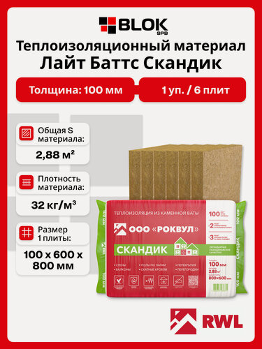 Изображение товара Rockwool Лайт Баттс Скандик 100 мм ( 1 уп / 2,88 м2 / 6 плит) утеплитель, минеральная вата для стен, пола, кровли