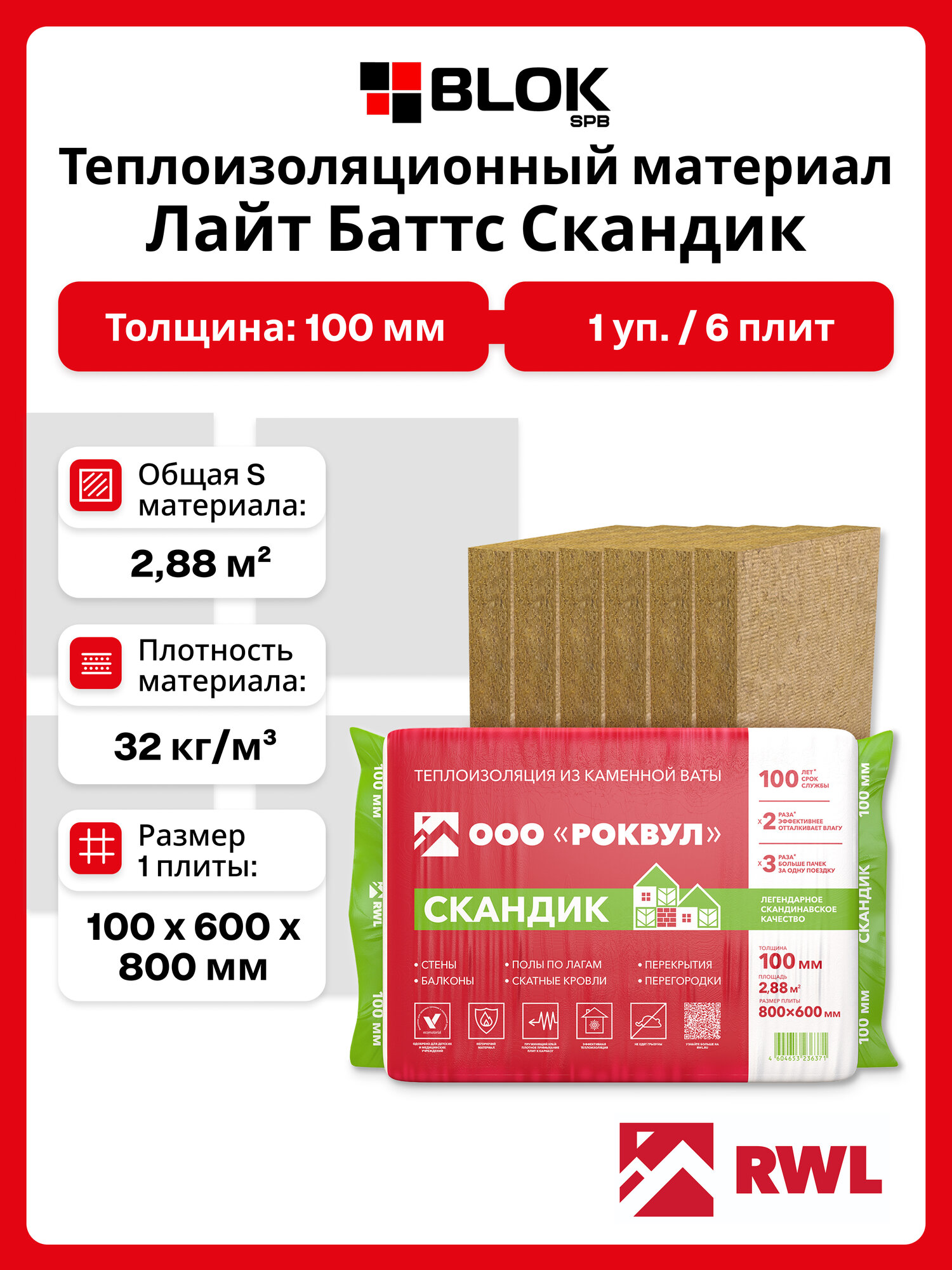 Rockwool Лайт Баттс Скандик 100 мм ( 1 уп / 2,88 м2 / 6 плит) утеплитель, минеральная вата для стен, пола, кровли