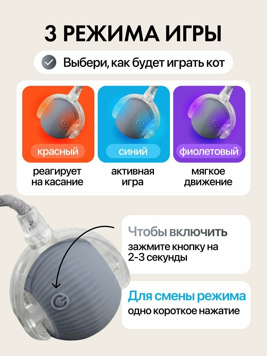 Интерактивная игрушка для кошек умный мячик с хвостом серого цвета