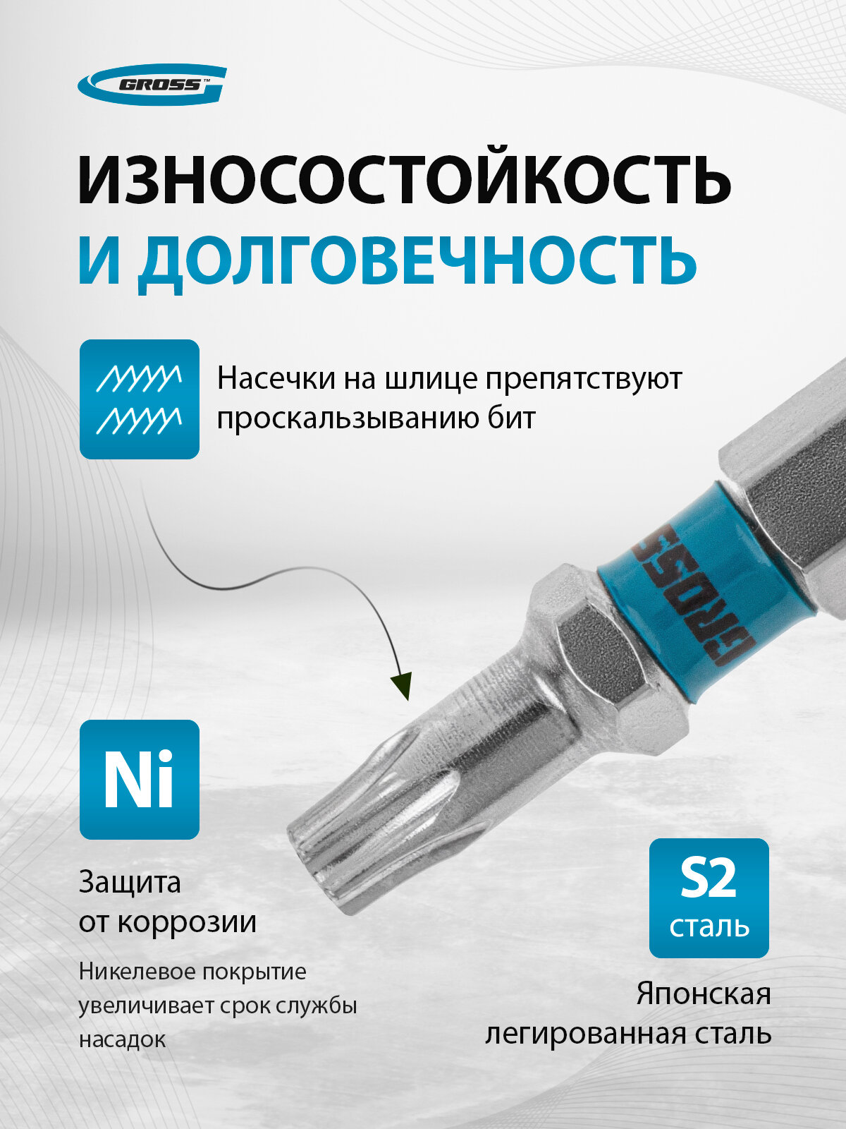 Набор бит Gross TORX 20х50 из японской легированной стали S2 твердостью 54-58 HRC, 10 шт 11470 — фото 1