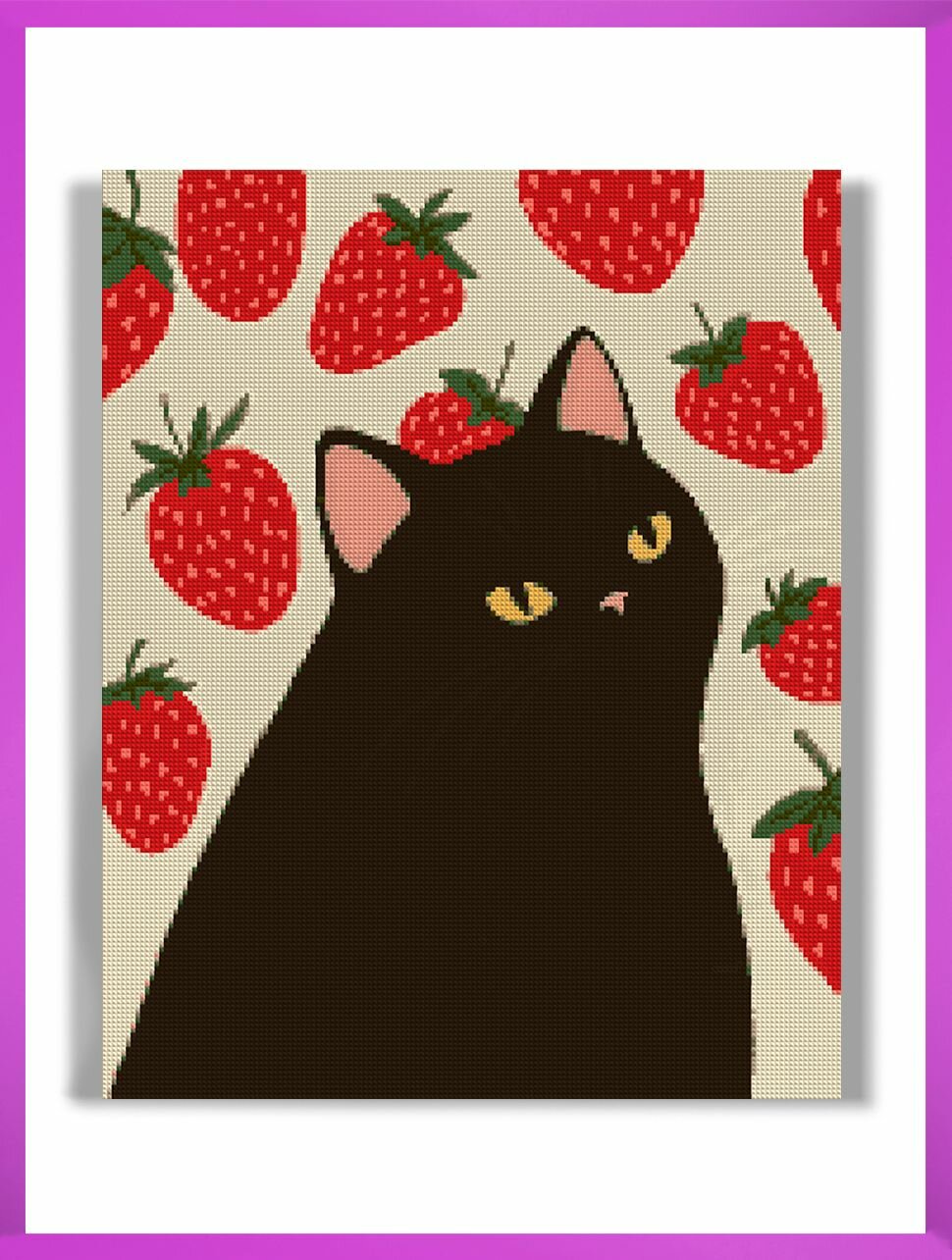 Алмазная мозаика на подрамнике - вышивка Клубничный котик 40 х 50 см