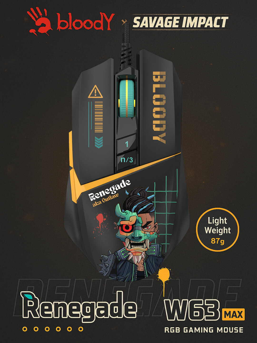 Игровая мышь Bloody Renegade W63 Max, проводная, оптическая, RGB-подсветкой, 6 кнопок
