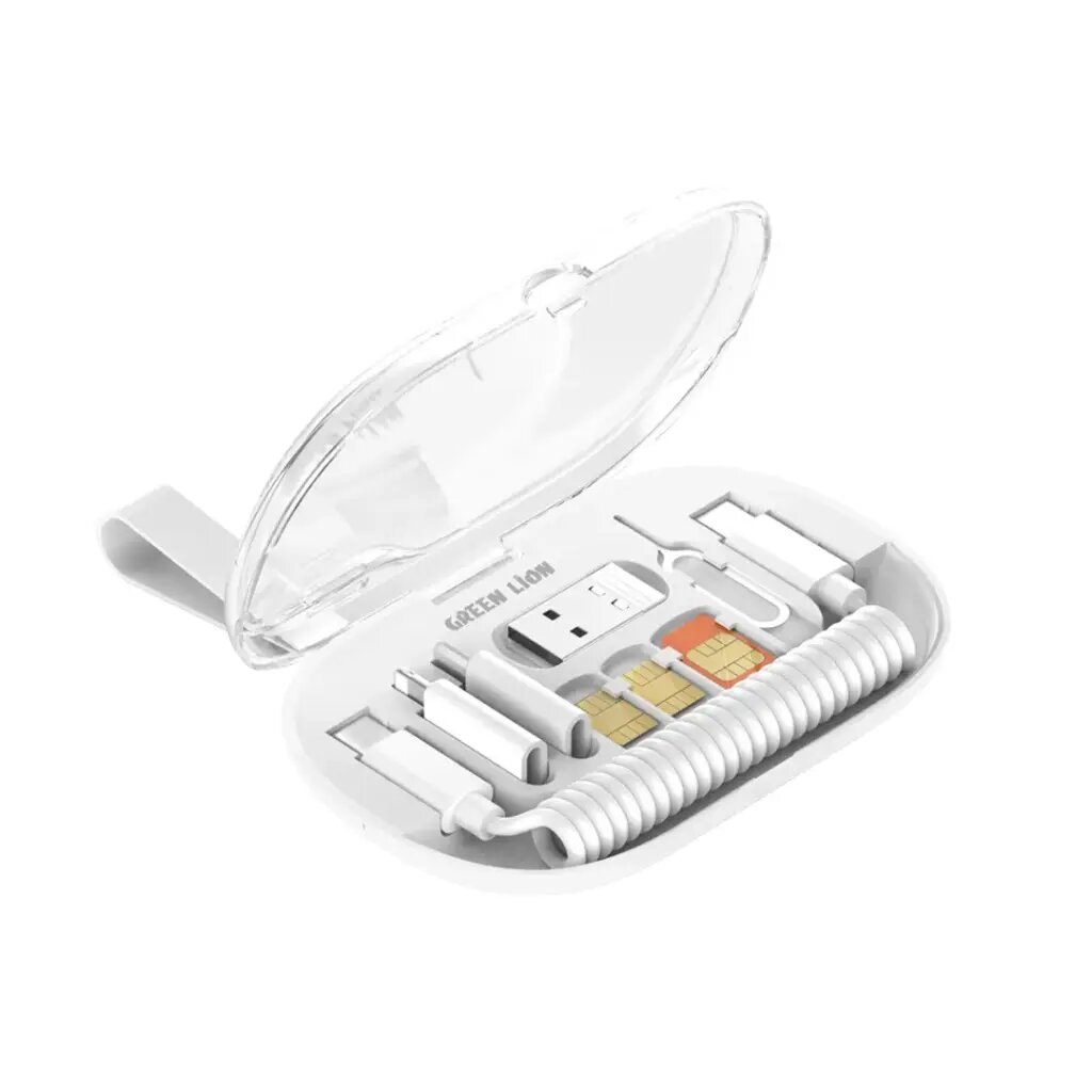 Green Lion 6-в-1 кабельный набор с USB-A, Lightning, Micro, Type-C и SIM-извлекателем — Быстрая зарядка 65W, компактность и универсальность